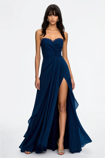 Royal Blue Strapless Sequins Long Prom Dress with Slit
